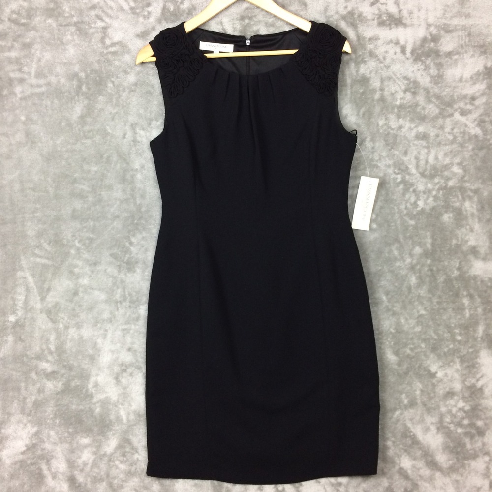 Evan Picone Womens Black Sleeveless Rosette Shoulder Sheath Dress Size 12 NWT